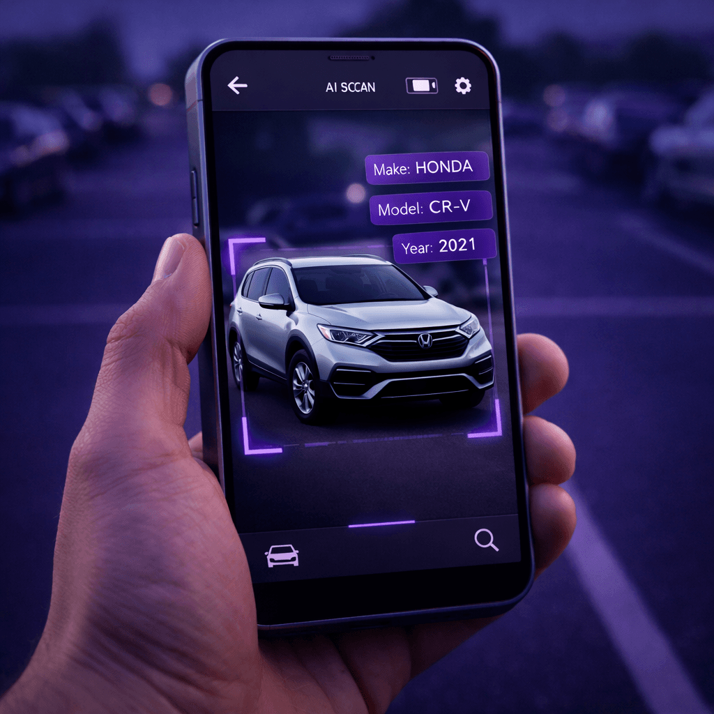 AI-powered vehicle recognition analyzing a car's make, model, and specifications